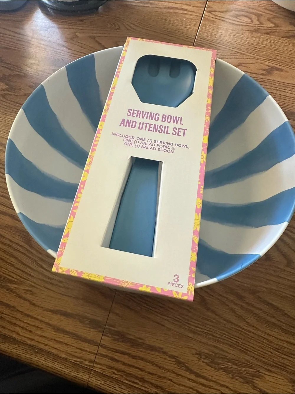 Blue and White Ceramic Serving Bowl - Classic Striped Design